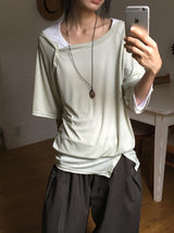 Shushup Off-Shoulder Tencel Layered Snap Short Sleeve Tee