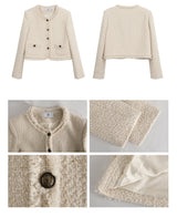 No Collar Round Tweed Loose Fit Jacket
