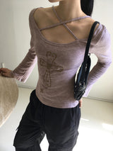 Comfo ビンテージクロスストラップディープUネック長袖Tシャツ