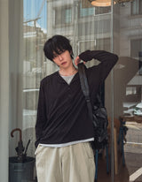 トップツートーンレイヤードヘンリーネックロングスリーブTシャツ