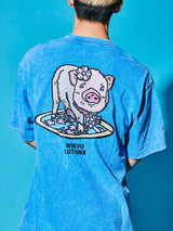 Sakura Animals Azure Denim Washed T-Shirt (Piggy)