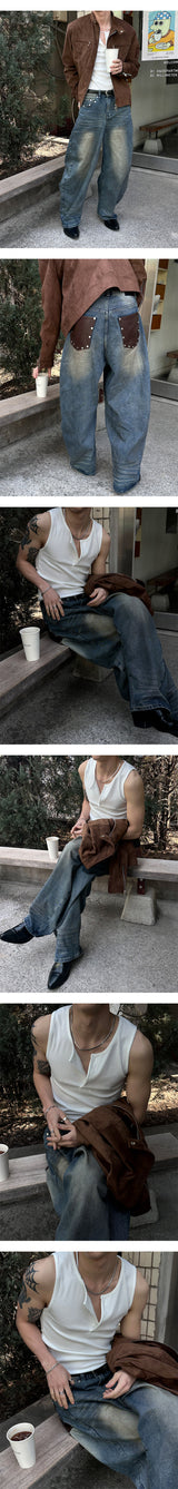 [Unisex] Back leather pocket wide pants