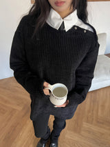 [UNISEX] Overfit velor off shoulder double snap button long sleeve knit T (4 colors)