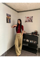 Khaki brown line wide cotton pants