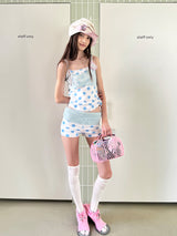 UnsocialNight 夏季新作 オリジナルデザイン ドット柄プリント 切替ニットショートパンツ レディース