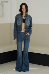 Round medium blue zip-up denim jacket