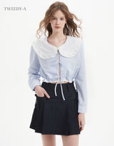 (NEW) Denim Ribbon Pleats Skirt 2 Colors