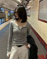 [ORIGINAL] Clock Ribbed Henley Neck Long-Sleeve T-Shirt