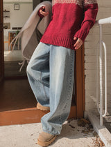 Shell washing wide balloon denim pants