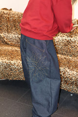 [Hand-Made "001"] Non-fade Wide Denim Pants [Flower series] -  STITCH