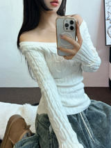 OFF SHOULDER TWISTED SLIN LONG KNIT 🩶🤍🖤3COLOR