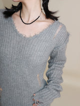 ラバーVネックダメージカットポイント長袖ニット (wool material)