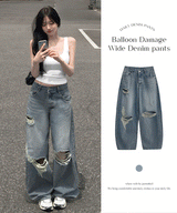 ライペン バルーン ダメージ ワイド ロングデニムパンツ