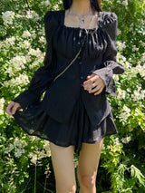 Ribbon puff strap blouse skirt pants setup SET (3 colors)