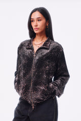 LEOPARD VELVET DOUBLE-HEAD COLOR-TOOTH ZIPPER SMUDGED SPRAY DISTRESSED TAILORED STAND COLLAR JACKET
