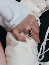 BEADED TARTAN CHECK HEART RING (RED)