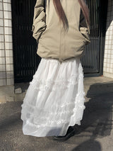 ペブルティアードフリルレースチュールロングスカート