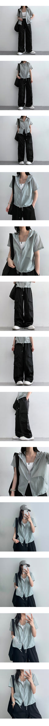 Adapted nylon two-way short-sleeved hooded zip-up jumper
