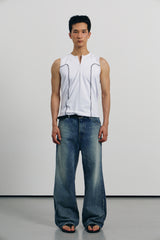 Curved half zip up sleeveless(White)