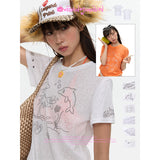 BETWEENAND Summer Dolphin Embossed Beaded Lightweight Bamboo Cotton Short-Sleeve T-Shirt, Regular Shoulder, Slim-Fit, Illustrated, Breathable Top