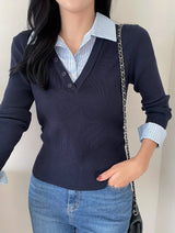 Ballon Shirt Layered V-Neck Shirring Knit