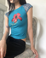 ハーフピンフラワープリンテッドブルーショートスリーブTシャツ