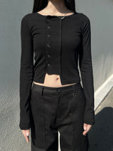 Snap Button Unbuttoned Round Dekki Long Sleeve T (3 Colors)
