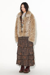 Short fur coat with animal print lapels and a standing collar
