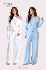 ワッフル アシンメトリカル オフショルダー スウェットパンツ セット (TOP+PANTS SET)