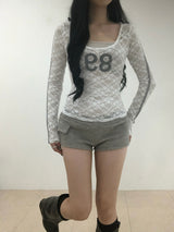 Lace Number Sheer Long Sleeve T