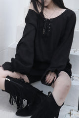 off-shoulder puff long blouse (2color)