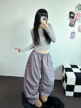 FLEECE❤SIDE SHIRRING STRIPE CROPPED LONG SLEEVE T SHIRT 🧸🤎🩶🩵3COLOR