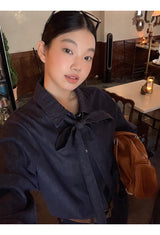 Deep blue bow tie denim shirt