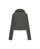 FUR COLLAR GRAPHIC KNIT ZIP-UP_GREY