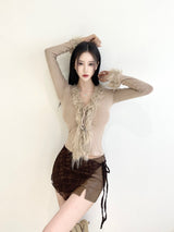 1083. Fur trimming ribbon cardi (3color)