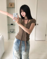 [Scarf SET] Mocha Lace Ribbed Short Sleeve Set