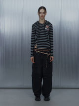 BADGE STRIPE HOODED CARDIGAN / CHARCOAL
