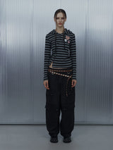 BADGE STRIPE HOODED CARDIGAN / CHARCOAL