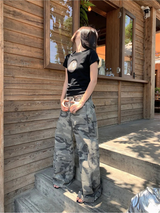 Black Round Leopard Spandex Short-Sleeved T-Shirt