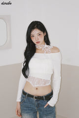 Lace Choker Scarf Unbalanced Long-Sleeved T-Shirt