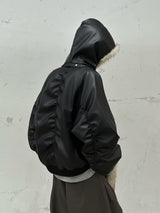 RELABEL Spatial Relations (Sun Shadow) Detachable, Adaptable Scarf Hood Full-Wool Pleated Leather MA-1 Pilot Jacket