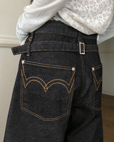 Robyu クラシックバックルワイドデニムパンツ
