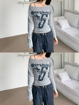 Rush Star Off-Shoulder Print Long-Sleeve Tee (4 Colors)