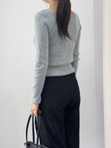 Ciar Collar V-Neck Slit Ribbed Long Sleeve Knit