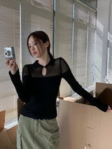 Collar See-Through Stripe Long Sleeve T-Shirt