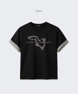 Rolled-Sleeve Cropped Short-Sleeve T-Shirt Geography Black