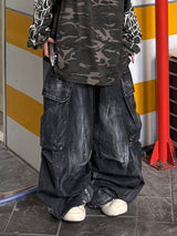 shot crack denim cargo balloon pants