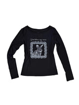 eatmeplz* ブラックレースラビット ラウンドネック プリントフィット長袖Tシャツ