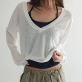 [Hartsvin] linen deep V-neck see-through sweatshirt - 3 colors