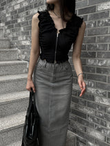 SALE! Gray washed denim back slit H-line long skirt (Gray)